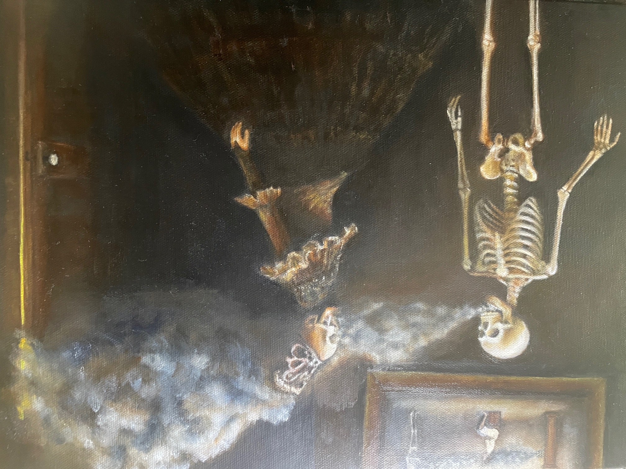 Oil painting: two skeletons in a dark interior with smoke